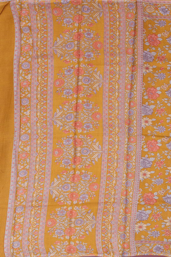 Printed Silk Saree In Golden Yellow With Floral Design