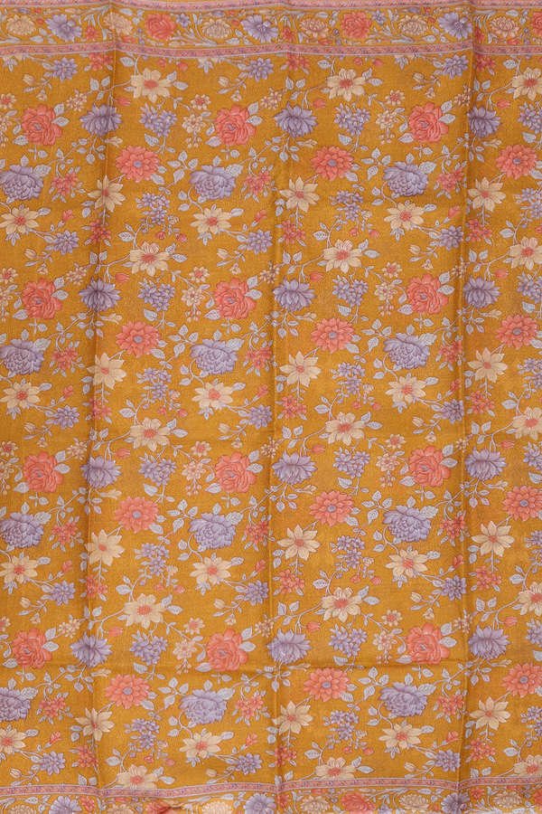 Printed Silk Saree In Golden Yellow With Floral Design