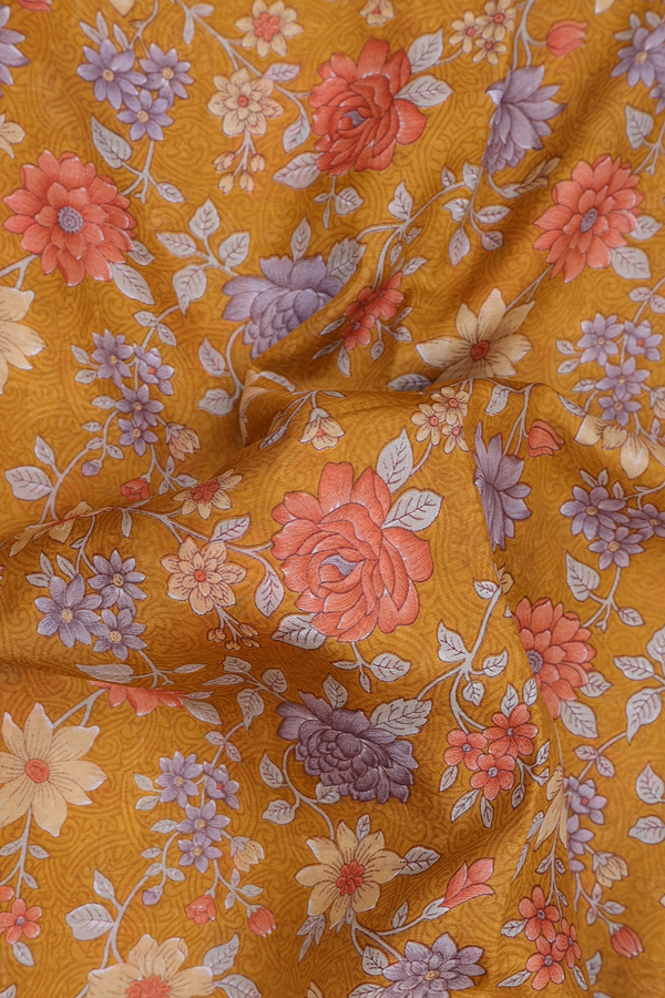 Printed Silk Saree In Golden Yellow With Floral Design