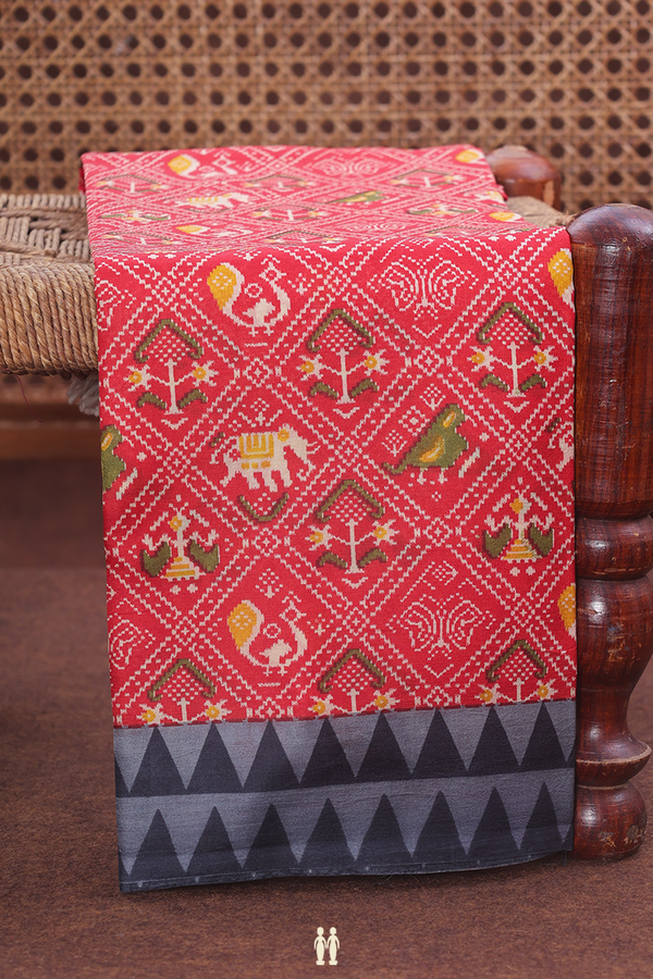 Printed Silk Saree In Scarlet Red With Ikat Design