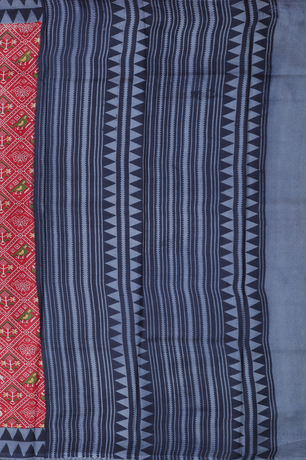 Printed Silk Saree In Scarlet Red With Ikat Design