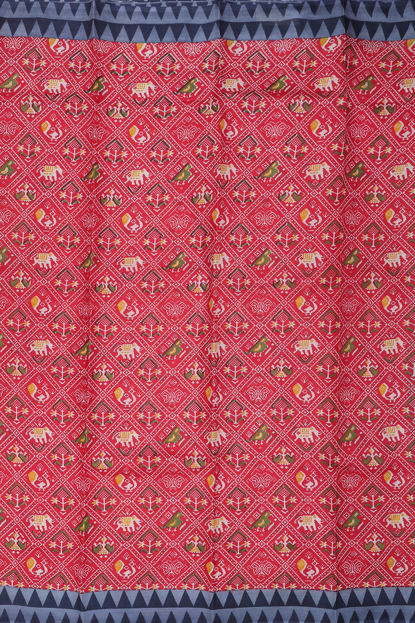Printed Silk Saree In Scarlet Red With Ikat Design