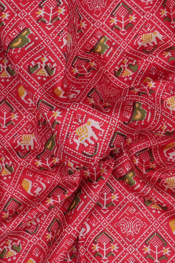 Printed Silk Saree In Scarlet Red With Ikat Design