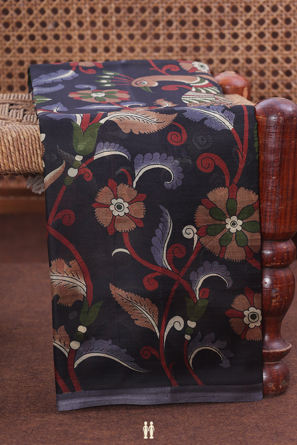 Printed Silk Saree In Black With Peacock Design