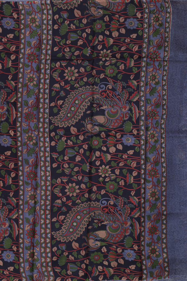 Printed Silk Saree In Black With Peacock Design