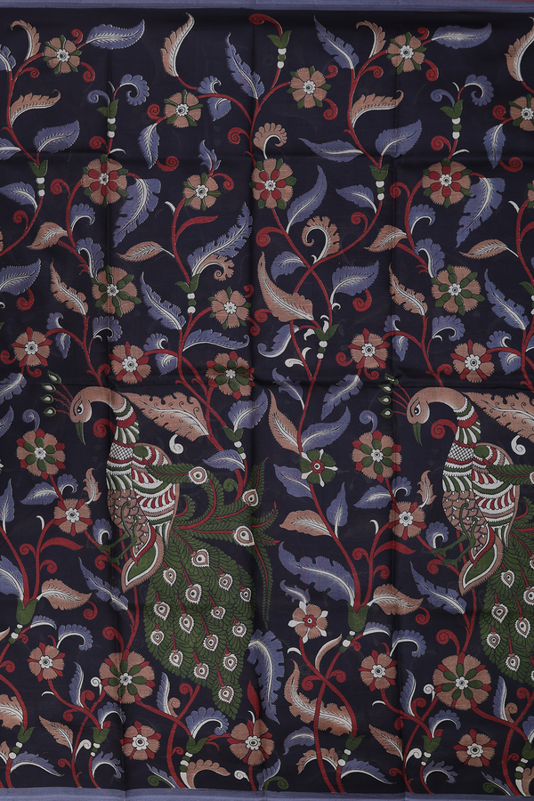 Printed Silk Saree In Black With Peacock Design