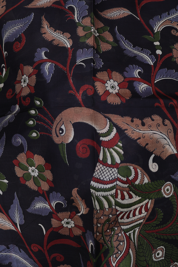 Printed Silk Saree In Black With Peacock Design
