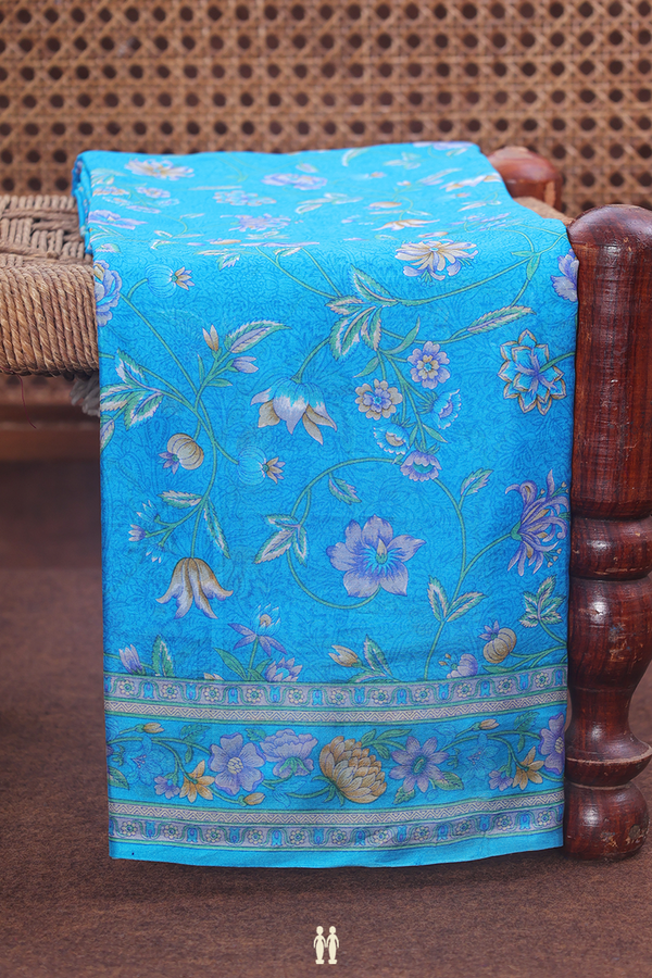 Printed Silk Saree In Cerulean Blue With Floral Design