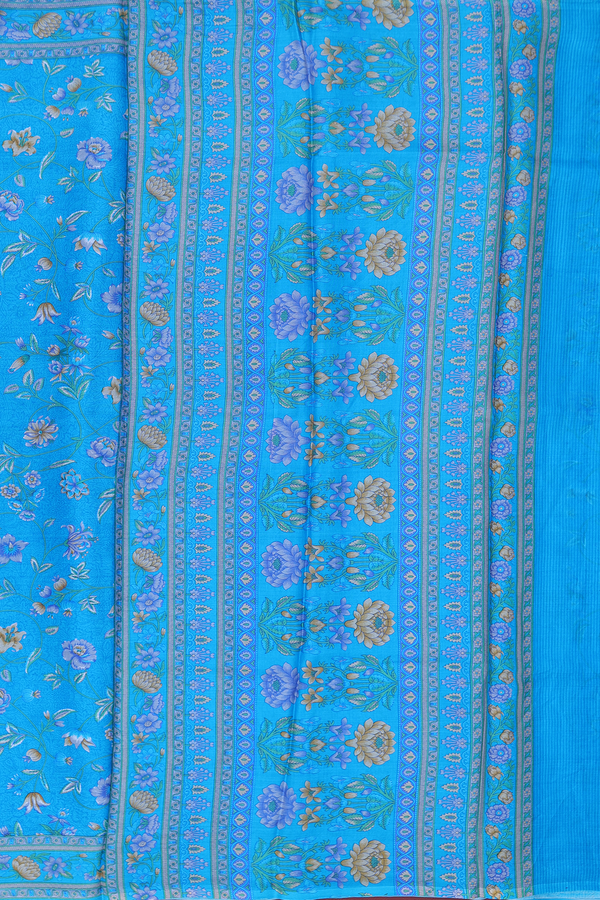 Printed Silk Saree In Cerulean Blue With Floral Design