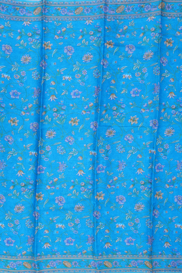 Printed Silk Saree In Cerulean Blue With Floral Design