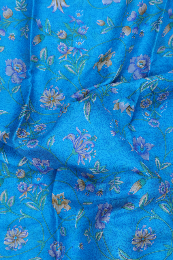 Printed Silk Saree In Cerulean Blue With Floral Design