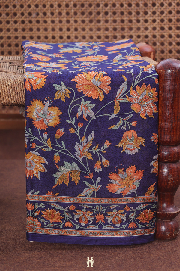 Printed Silk Saree In Navy Blue With Floral Design
