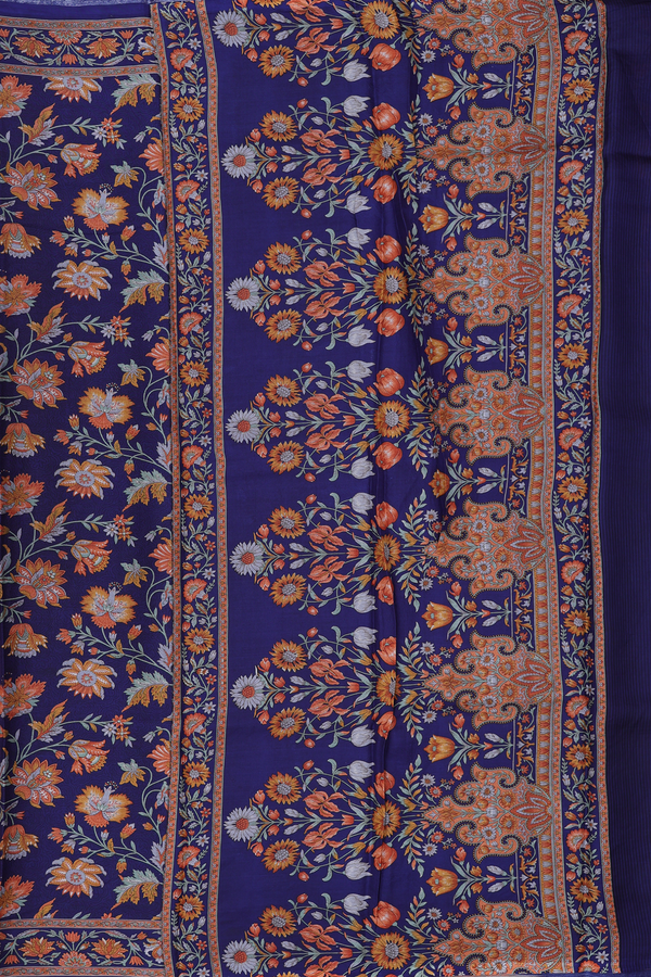 Printed Silk Saree In Navy Blue With Floral Design