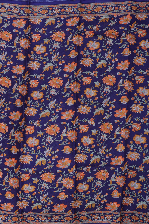 Printed Silk Saree In Navy Blue With Floral Design