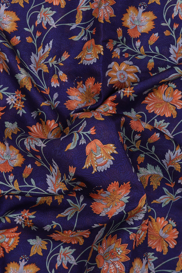Printed Silk Saree In Navy Blue With Floral Design