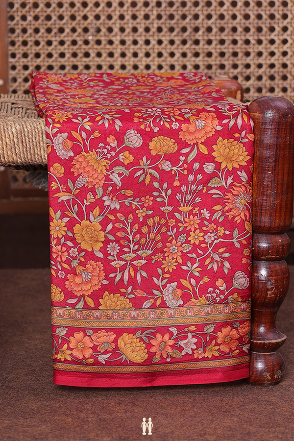 Printed Silk Saree In Scarlet Red With Floral Design
