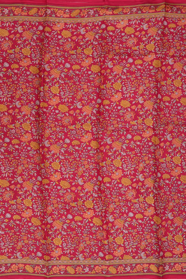 Printed Silk Saree In Scarlet Red With Floral Design