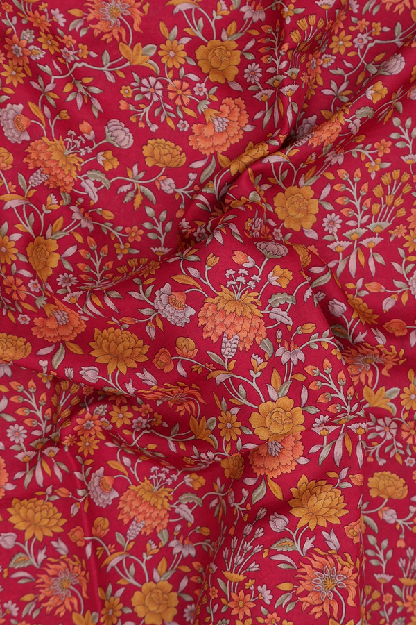 Printed Silk Saree In Scarlet Red With Floral Design