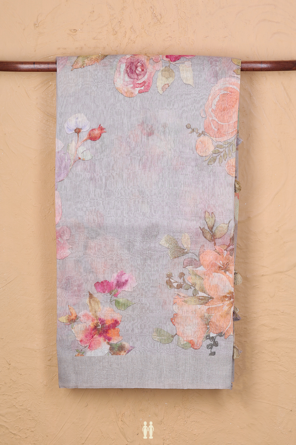 Linen Saree In Light Grey With Floral Printed Design