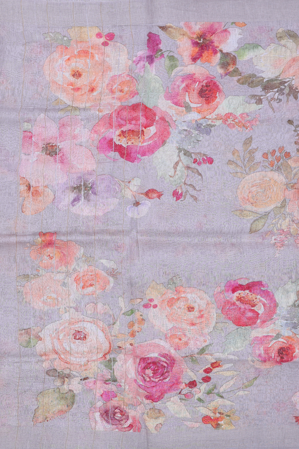 Linen Saree In Light Grey With Floral Printed Design