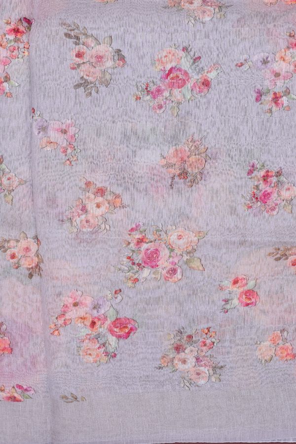 Linen Saree In Light Grey With Floral Printed Design