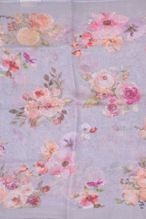 Linen Saree In Light Grey With Floral Printed Design