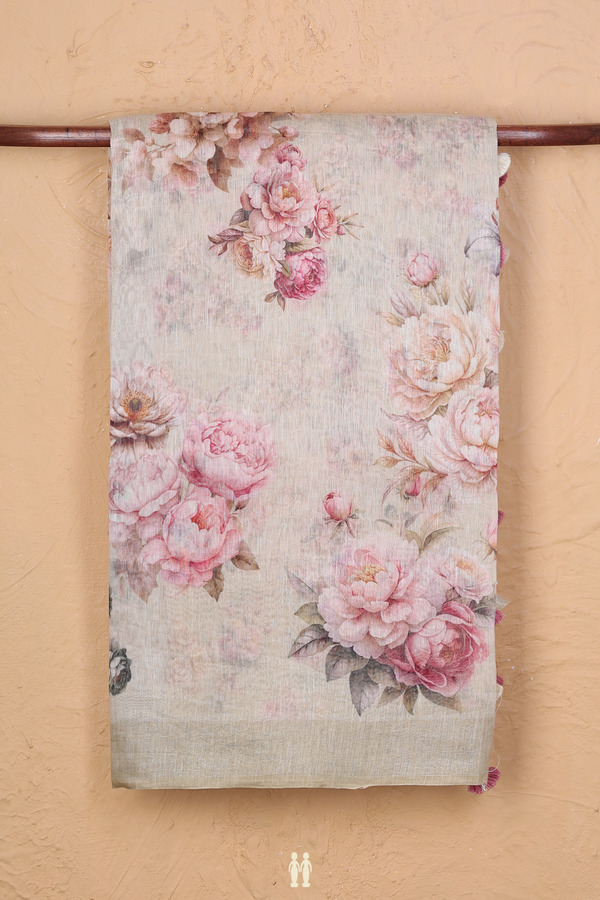 Linen Saree In Cream Color With Floral Design