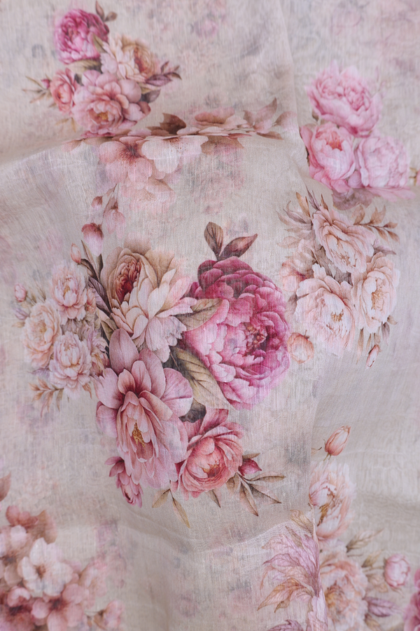 Linen Saree In Cream Color With Floral Design