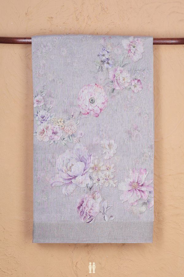 Linen Saree In Grey With Floral Design