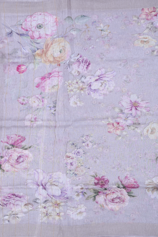 Linen Saree In Grey With Floral Design