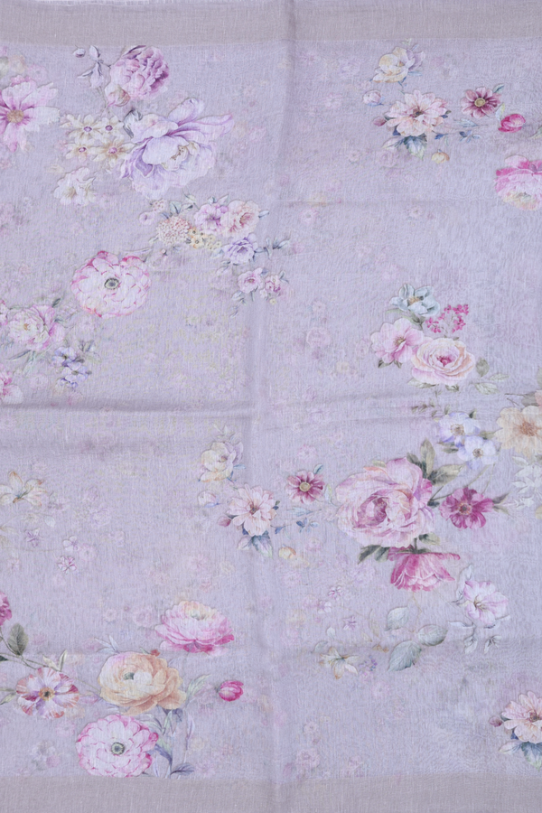 Linen Saree In Grey With Floral Design