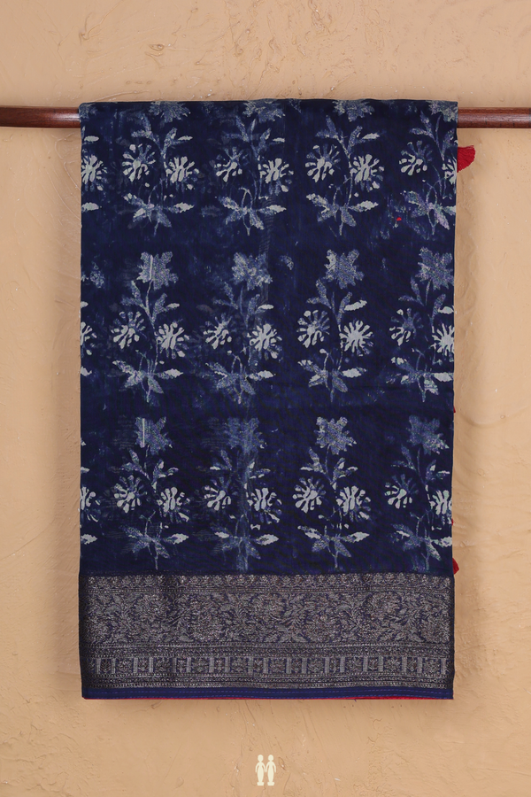 Chanderi Cotton Saree In Oxford Blue With Floral Design