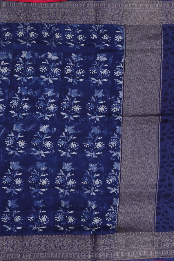Chanderi Cotton Saree In Oxford Blue With Floral Design