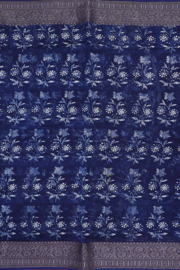 Chanderi Cotton Saree In Oxford Blue With Floral Design