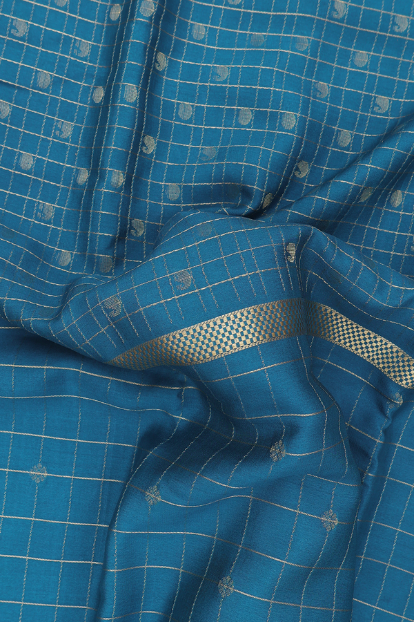 Mysore Silk Saree In Teal Blue With Checks Design