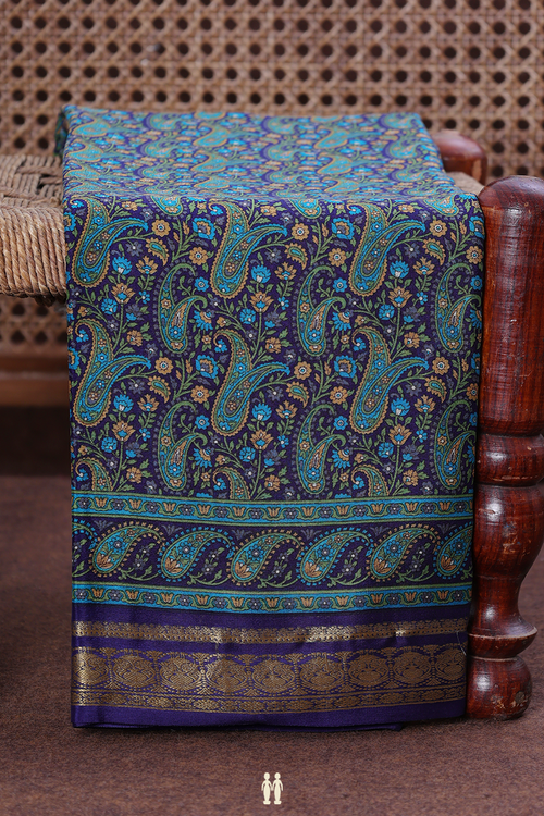 Crepe Saree In Oxford Blue With Paisley Design