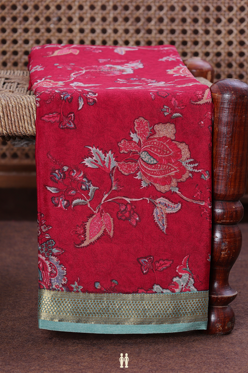 Crepe Saree In Red With Floral Design