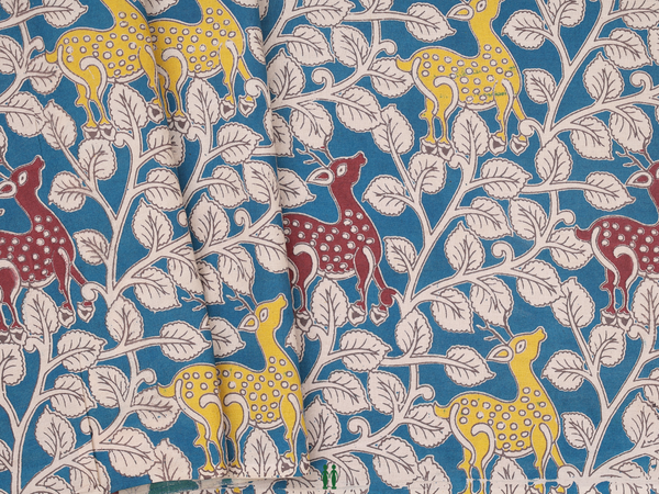 Leaf Design Teal Blue Kalamkari Cotton Blouse Material