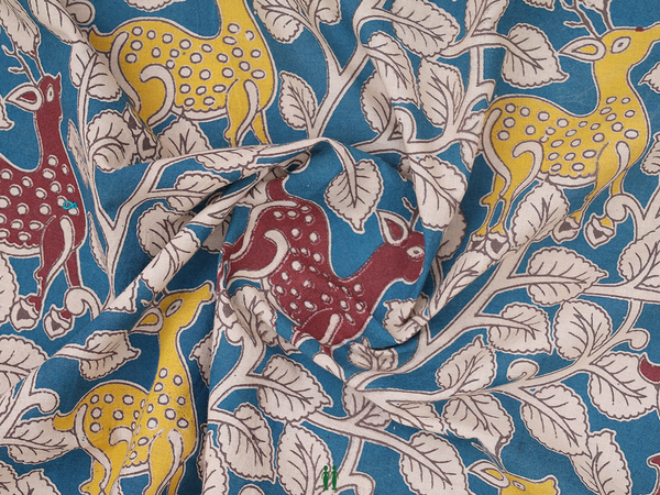 Leaf Design Teal Blue Kalamkari Cotton Blouse Material