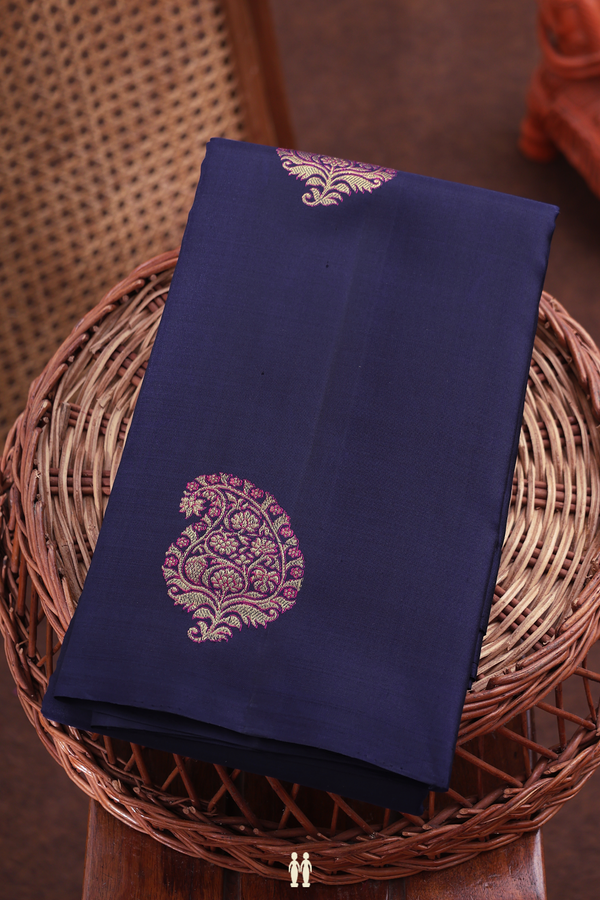 Kanchipuram Silk Saree In Navy Blue With Paisley Buttas