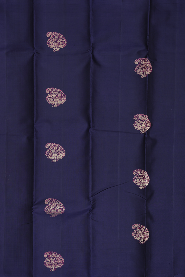Kanchipuram Silk Saree In Navy Blue With Paisley Buttas