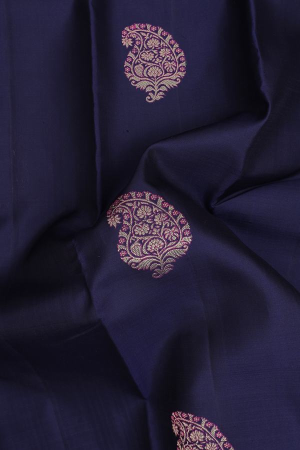 Kanchipuram Silk Saree In Navy Blue With Paisley Buttas