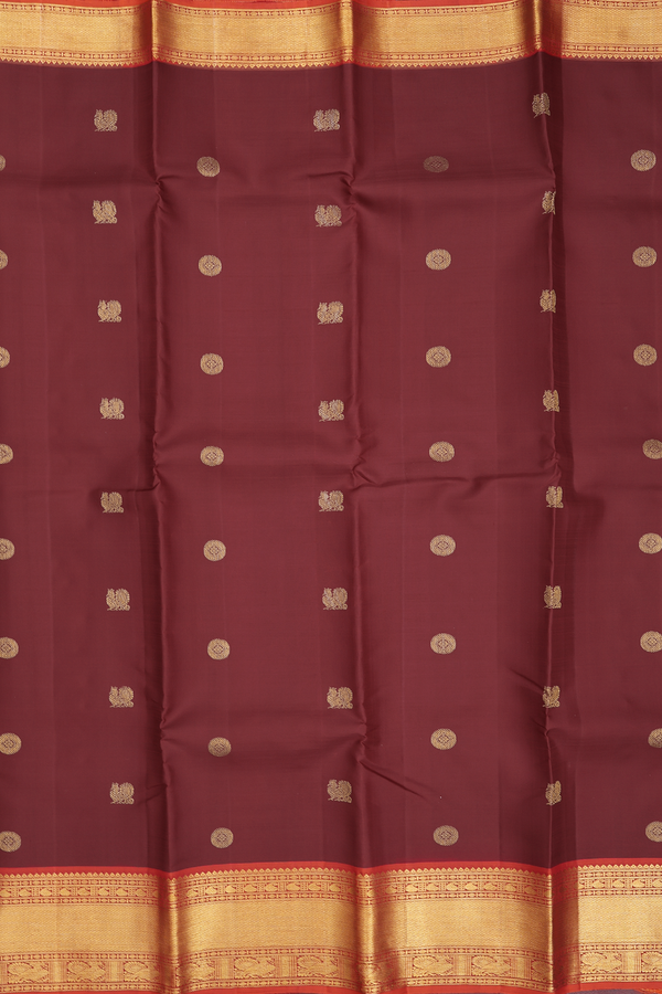 kanchipuram Silk Saree In Maroon With Peacock Buttas