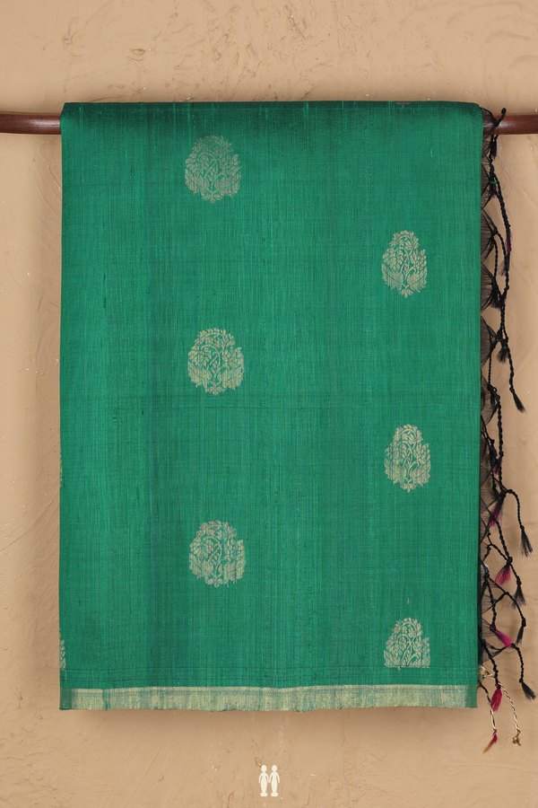Raw Silk Saree In Emerald Green With Floral Motifs