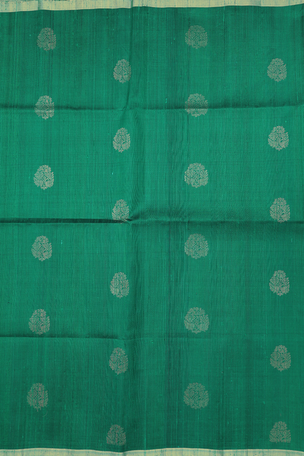 Raw Silk Saree In Emerald Green With Floral Motifs