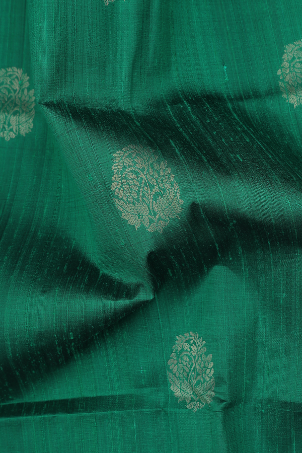 Raw Silk Saree In Emerald Green With Floral Motifs