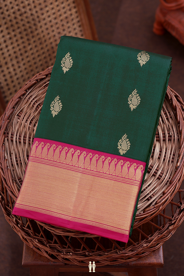 Kanchipuram Silk Saree In Dark Green With Paisley Buttas