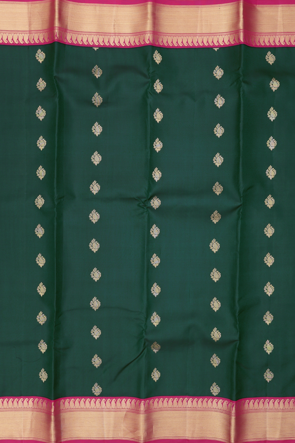 Kanchipuram Silk Saree In Dark Green With Paisley Buttas