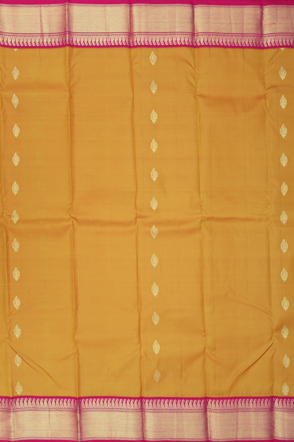 Kanchipuram Silk Saree In Golden Yellow With Paisley Buttas