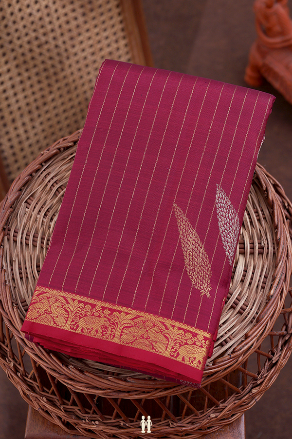 Kanchipuram Silk Saree In Burgundy Red With Stripes Design
